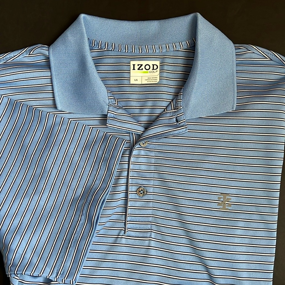 Izod Mens Blue Striped Golf Polo   Size Large